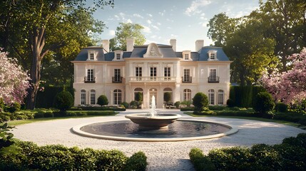Obraz premium Elegant European-Style Mansion with Grand Entrance and Fountain