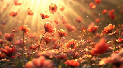 Orange Cosmos in Sunlight: A breathtaking scene of vibrant orange cosmos flowers dancing in the air, bathed in the warm golden light of the setting sun. The sun's rays stream down, creating a magical.