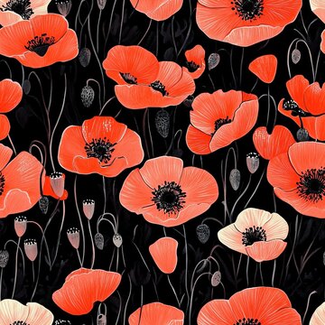 Art Seamless Design View Folk Poppies Style Coral --tile