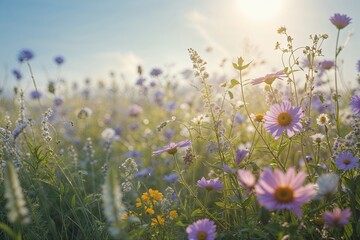 Tranquil Floral Landscape with Soft Glare and Vibrant Wildflowers in Radiant Sunlight