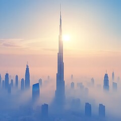 Obraz premium Sunrise Fog Envelops Dubai Skyline