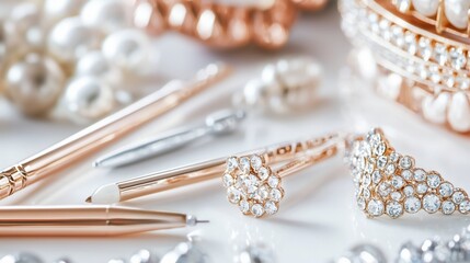 Elegant Rose Gold Jewelry and Writing Instruments Still Life Composition
