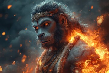 An illustration of Fierce Hanuman engaged in a battle with menacing demonic creatures under a dark sky.