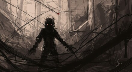A dark and mysterious digital illustration of a humanoid figure with glowing eyes in a labyrinthine environment, creating a dramatic and threatening scene.