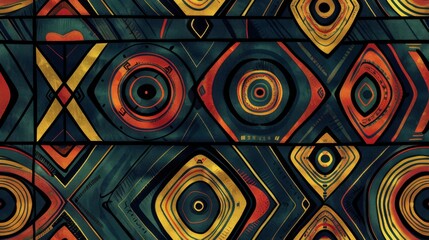A seamless neo-primitive geometric pattern with bold shapes, earthy tones, and tribal-inspired aesthetics.