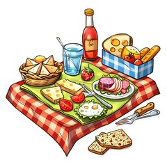 Colorful Picnic Spread with Cheese, Bread, Fruits, and Drinks