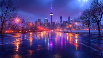 Fototapeta premium Toronto Cityscape at Night, Reflections in Wet Streets