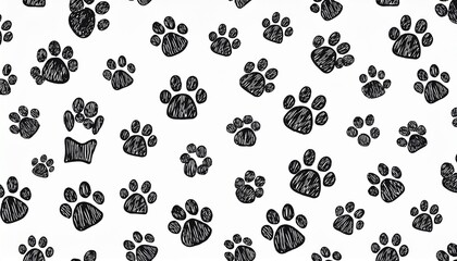 Trace black doodle paw prints seamless pattern background. seamless pattern design of puppy paw prints