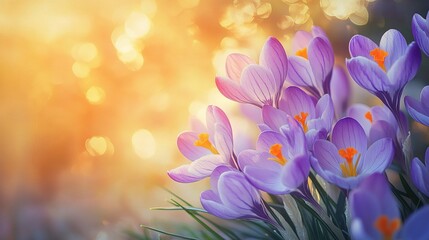 Fototapeta premium Sunrise Crocuses: A cluster of delicate purple crocuses bloom with radiant beauty, bathed in the soft, golden light of a rising sun. The bokeh effect creates a dreamy, magical atmosphere.
