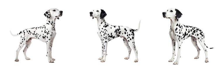 Set of Dalmatian standing in profile showcasing its iconic black-and-white spots isolated on a white or transparent background.