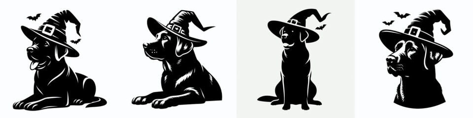 Labrador Retriever Dog wear witch hat in halloween, simple monochrome vector drawing of a canine friend in a spooky costume
