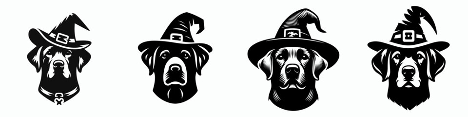 Labrador Retriever Dog's face wears a witch hat in Halloween; create a simple vector outline drawing of this spooky pup.