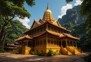 Obraz premium In the middle of the park there is a yellow building roof which is gold