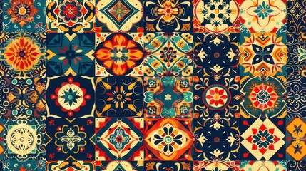 A seamless Oriental ethnic geometric tile pattern with traditional elements, bold colors, and intricate abstract details.

