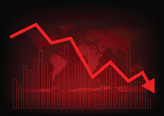 Economic critical crisis concept. The bar graph with a down arrow on red world map background. Recession financial, cryptocurrency, gold, and the stock market. Losing money and cash. Bearish.
