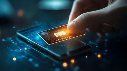 Hand is holding a payment card above a mobile phone screen