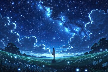 Breathtaking Starry Night Anime Landscape with Twinkling Stars and Inspiring Nightfall