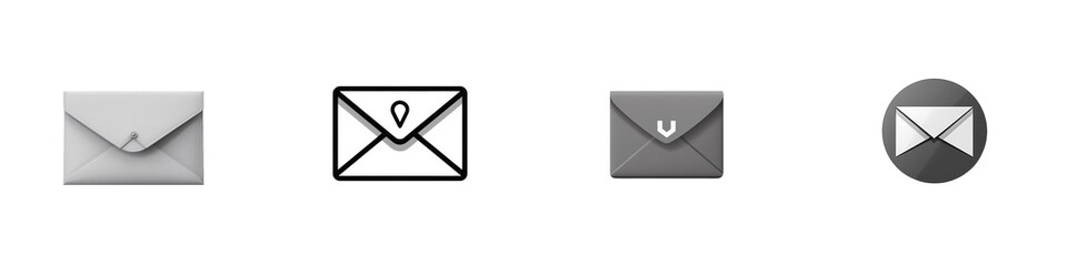 Four mail icons, white background isolated on white or transparent