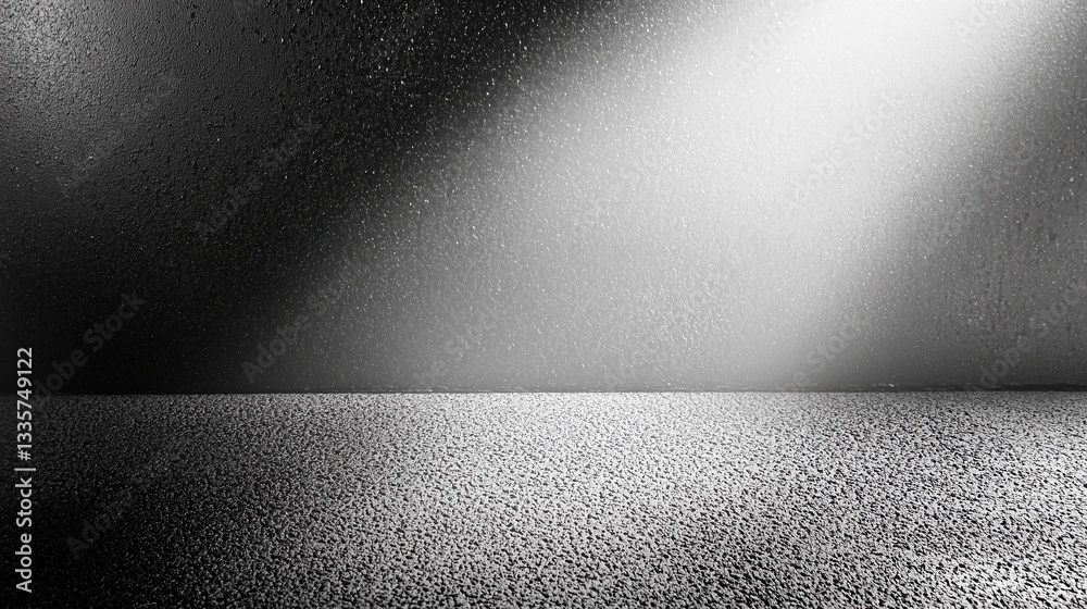 Poster High-contrast abstract gradient background with spotlight effect from upper left corner on dark surface. Dramatic black and light gray tones with deep shadows and bright highlights, creating a moody a