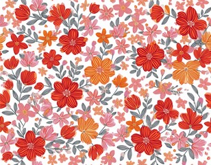 Floral pattern. Pretty flowers on a white background. Printing with small orange, red, and pink flowers. Ditsy print. Spring Bouquet.A white background, red and orange small flowers pattern.