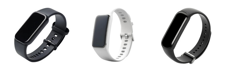 Collection of fitness trackers with sleek black curved screens and silicone bands isolated on a white or transparent background.
