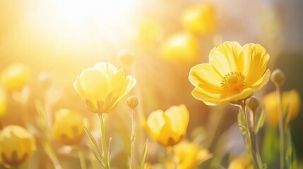 Fototapeta premium Golden Sunlight: Vibrant yellow buttercups bloom, their delicate petals illuminated by the warm embrace of golden sunlight, creating a scene of pure, natural beauty.