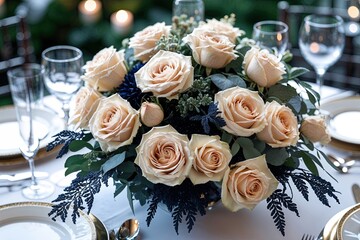 Romantic Tabletop Arrangement with Champagne Roses and Navy Greenery for an Elegant Evening
