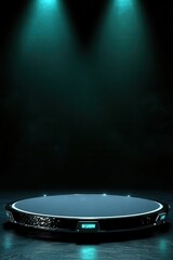 Futuristic circular podium under teal spotlights