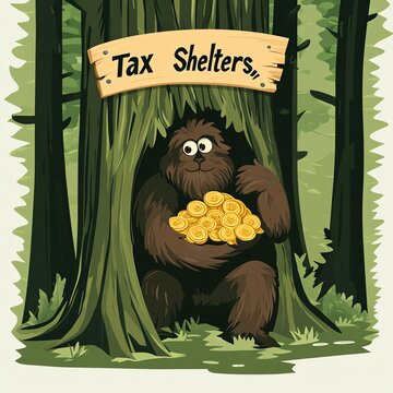 A whimsical illustration of a giant creature holding coins hidden in a forest, representing tax shelters.