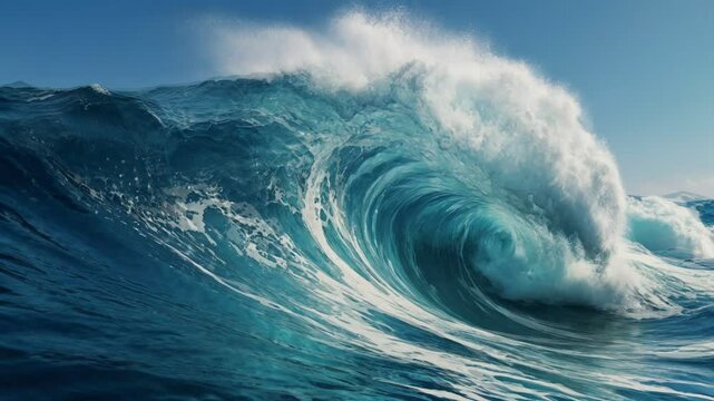 Dramatic slow motion footage of a large ocean wave crashing. Deep blue water swirls and foams as the wave curves. Perfect for nature, adventure and ocean-related projects.