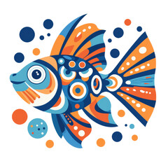 isolated transparent Background. Colorful fish illustration with vibrant patterns and bubbles