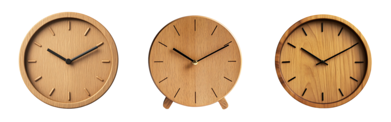 Set of minimalist wooden clock with smooth finish and simple hour markers isolated on a white or transparent background.