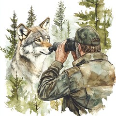 A wildlife enthusiast observing a wolf through binoculars amid a lush forest backdrop.