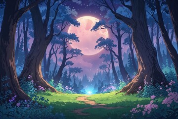 Magical Twilight Forest Canvas Illustration in Anime Cartoon Style