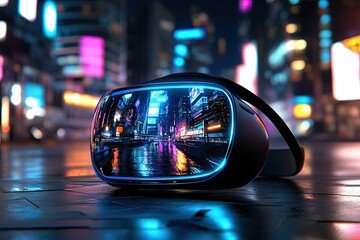 Bold neon colors blended, Futuristic Virtual Reality Headset Displaying Neon Cityscape Reflections at Night