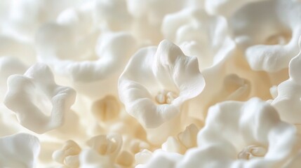 Popcorn's Floral Dance: An artistic macro perspective highlights the intricate, flower-like forms of fresh, popped popcorn, revealing delicate textures and playful shapes.