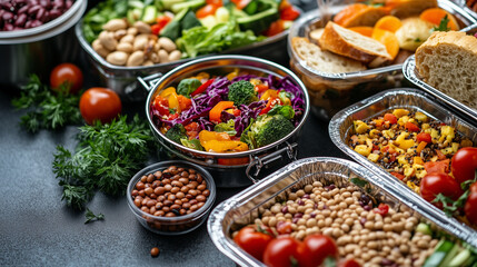 Obraz premium Overhead View of Healthy Vegetarian Lunch Boxes with Fresh Ingredients