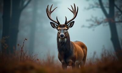 Fototapeta premium A regal deer with impressive antlers stands prominently in a hazy forest landscape. The scene evokes a sense of wildness and natural beauty in a tranquil setting.