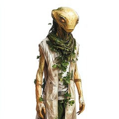 An alien figure dressed in modern attire, symbolizing science fiction and extraterrestrial life.
