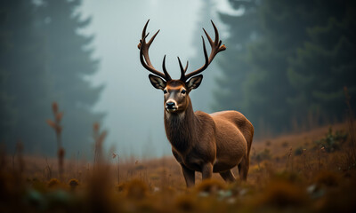 A majestic deer with large antlers stands in a misty forest.  The brown fur of the animal blends with the earthy tones of the autumn landscape, creating a serene and wild scene.