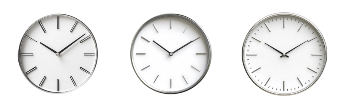Set of modern minimalist clocks with sleek silver frame and no numbers isolated on a white or transparent background.