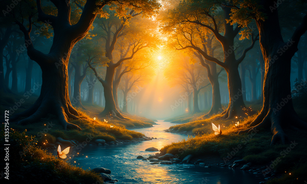 Aufkleber enchanting forest scene bathed in warm, golden light. a gentle stream flows through the woods, illum