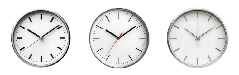 Set of modern minimalist clocks with sleek silver frame and no numbers isolated on a white or transparent background.