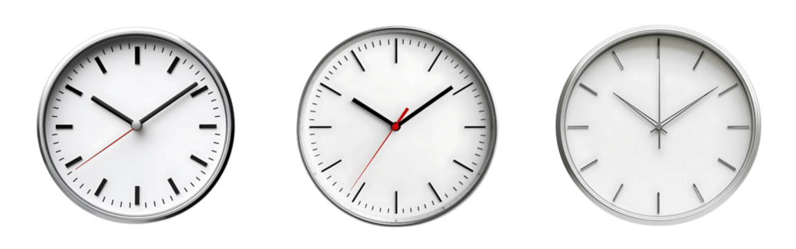 Set of modern minimalist clocks with sleek silver frame and no numbers isolated on a white or transparent background.