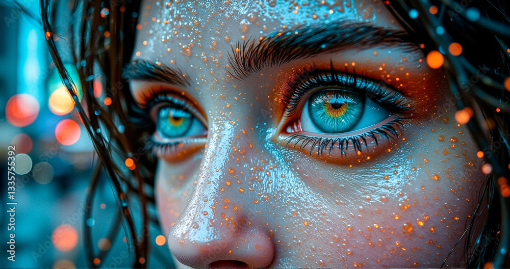 Aufkleber intense blue eyes are highlighted by shimmering glitter on the skin. soft bokeh lights create a drea