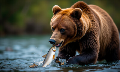Fototapeta premium A brown bear catches a fish in a flowing river. The bear is focused on its prey, water splashing around them in a natural outdoor scene.