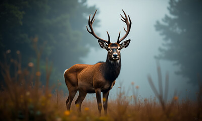 Majestic stag with impressive antlers poses in a serene, misty forest.  The wild animal stands in a clearing surrounded by trees and natural foliage in a woodland setting.