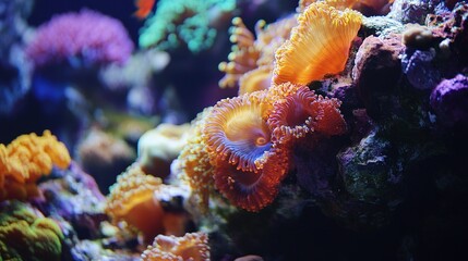 Fototapeta premium Vibrant Coral Reef: A close-up shot of a kaleidoscope of marine life in a reef tank, featuring a vibrant coral with intricate textures and stunning color.