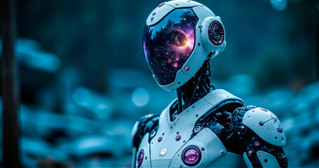 Fototapeta premium A sleek futuristic robot stands amidst a shadowy forest. Its reflective visor mirrors a vibrant nebula, creating a striking contrast against the dark, natural setting.