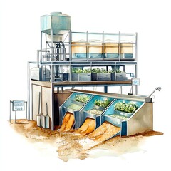 An illustration of a modern industrial aquaponics system showcasing water filtration and plant growth.